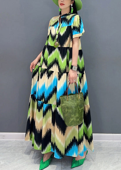 Green Patchwork Button Maxi Dress Short Sleeve