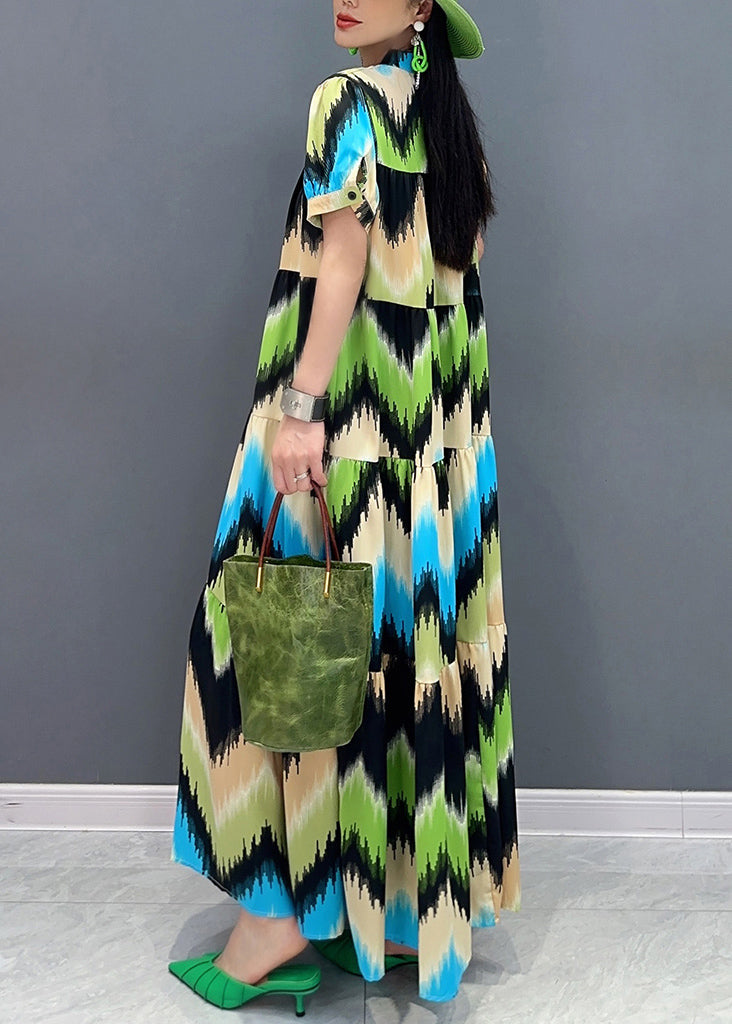 Green Patchwork Button Maxi Dress Short Sleeve