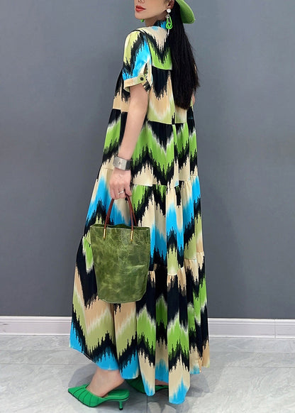 Green Patchwork Button Maxi Dress Short Sleeve