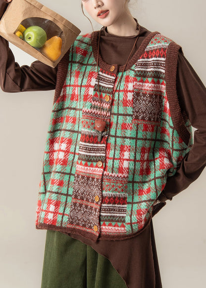 Chaleco de punto de algodón grueso con botones de patchwork verde otoño