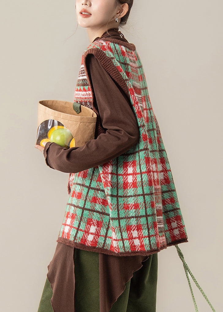 Chaleco de punto de algodón grueso con botones de patchwork verde otoño