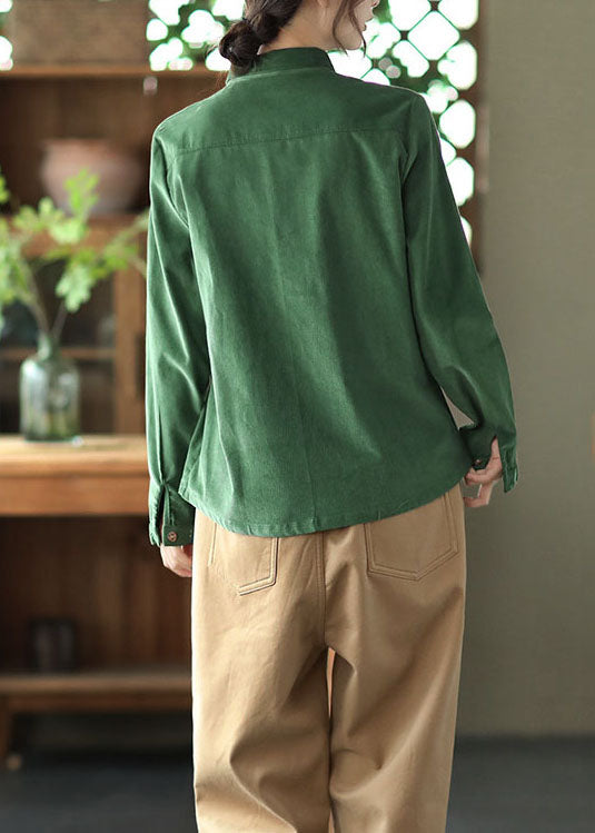 Grüne Patchwork Cord Tops Peter Pan Kragen Knopf Frühling