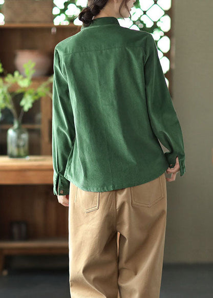 Grüne Patchwork Cord Tops Peter Pan Kragen Knopf Frühling