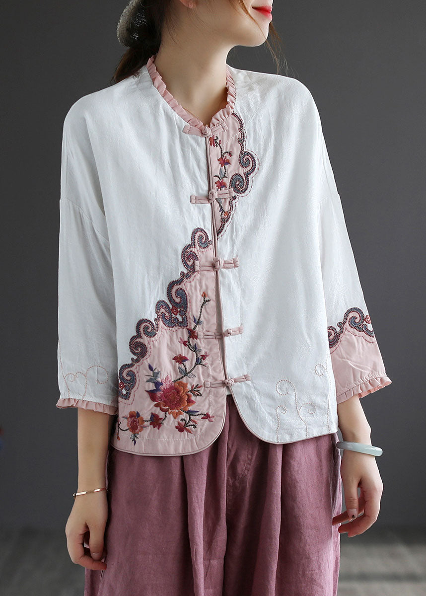 Camisa de algodón con patchwork verde y botones chinos con volantes para primavera