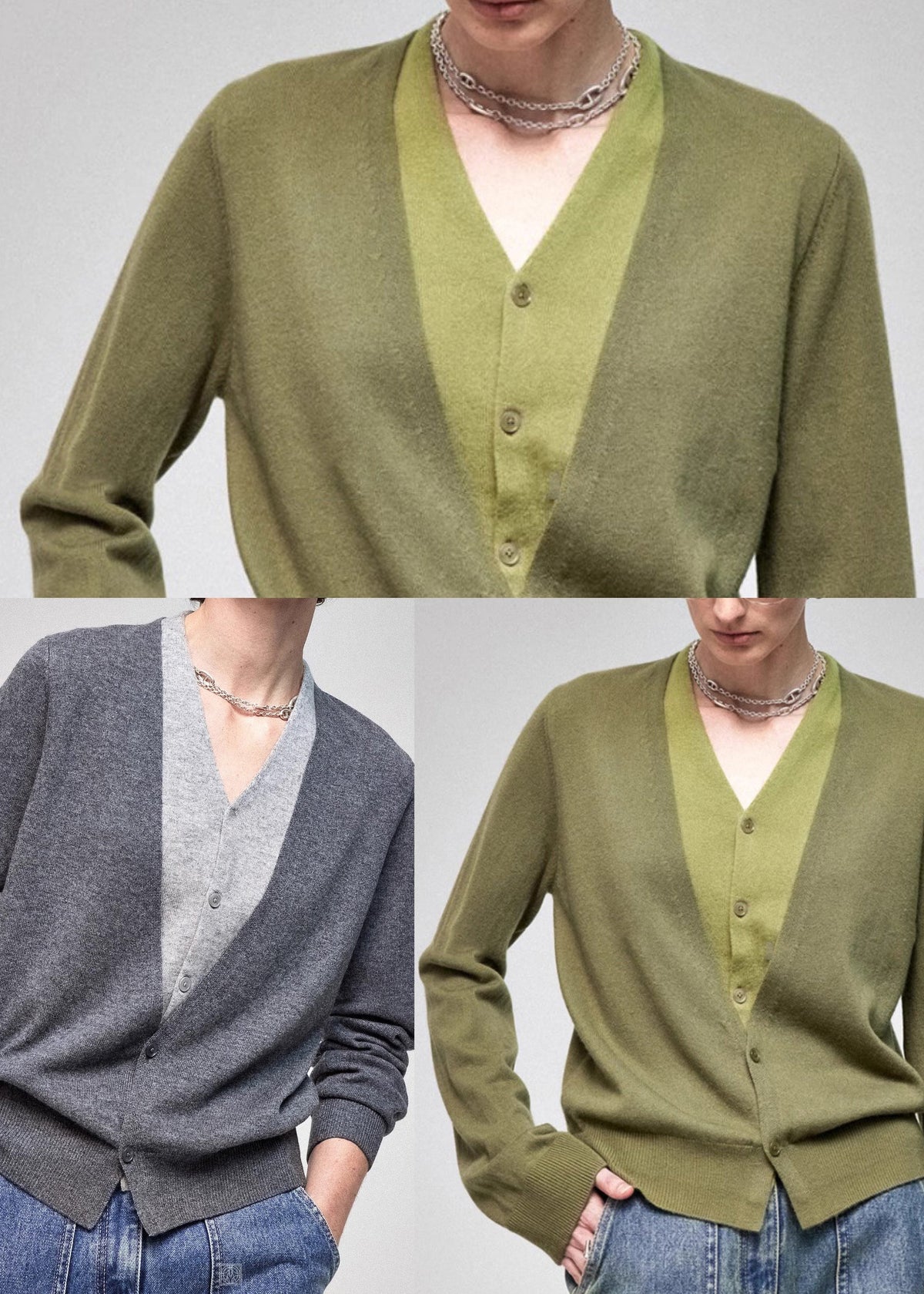 Green Patchwork Knit Fake Two Piece Shirts V Neck Fall