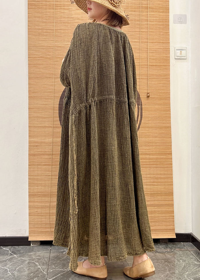 Vestido de lino con patchwork verde hasta el tobillo, cuello redondo, cordón ajustable, manga media arrugada