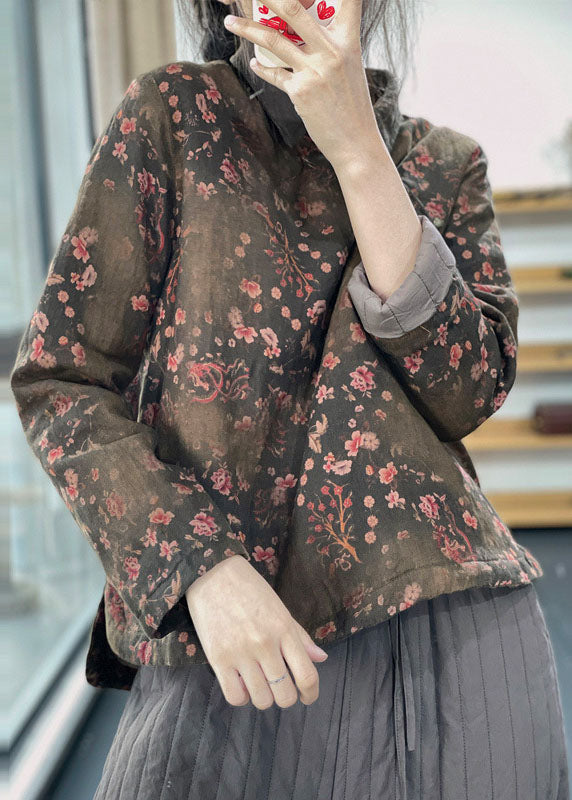 Grüne Patchwork Leinen Bluse Top Baumwolle Seite offen gefüllt Winter