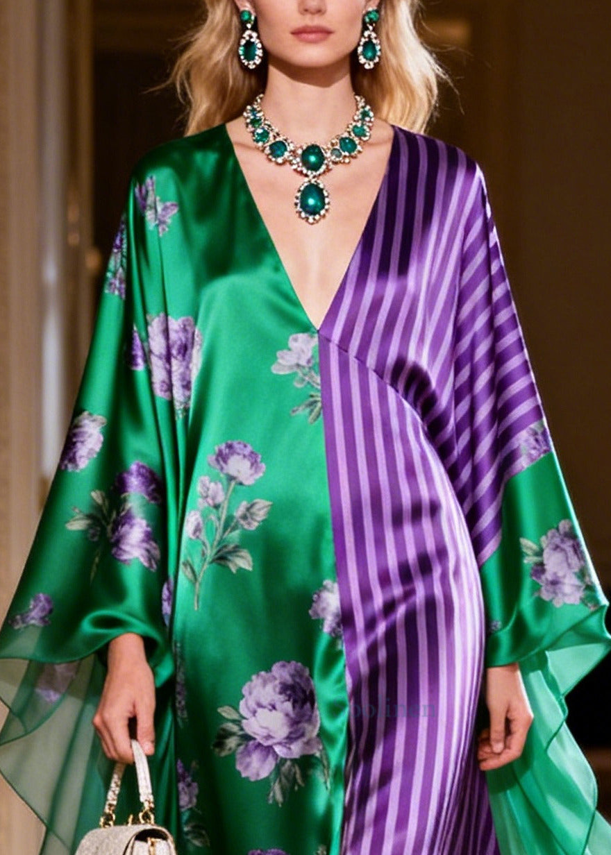 Green Patchwork Print Silk Dinner Dresses Asymmetrical Exra Large Hem Summer