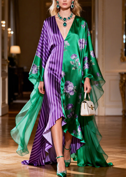 Green Patchwork Print Silk Dinner Dresses Asymmetrical Exra Large Hem Summer