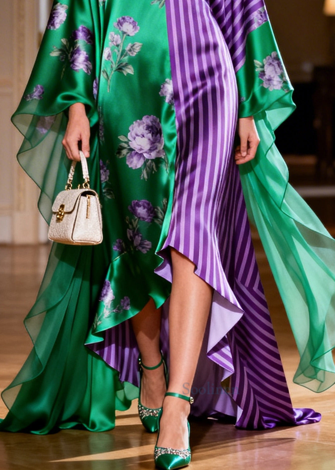 Green Patchwork Print Silk Dinner Dresses Asymmetrical Exra Large Hem Summer