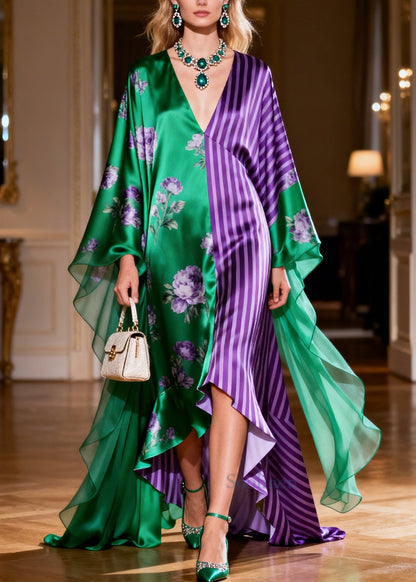 Green Patchwork Print Silk Dinner Dresses Asymmetrical Exra Large Hem Summer