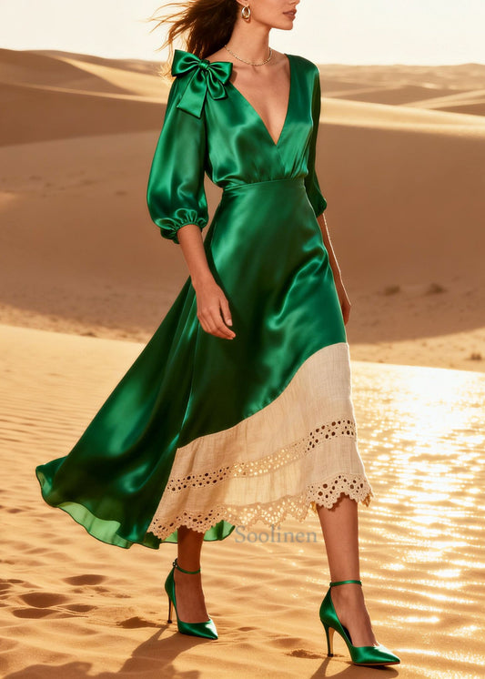 Green Patchwork Silk Long Dress V Neck Hollow Out Summer