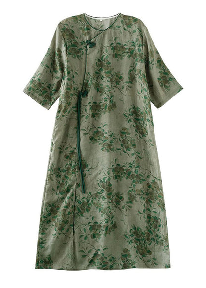 Vestido largo de lino con patchwork verde y rosa con botones y borlas para verano