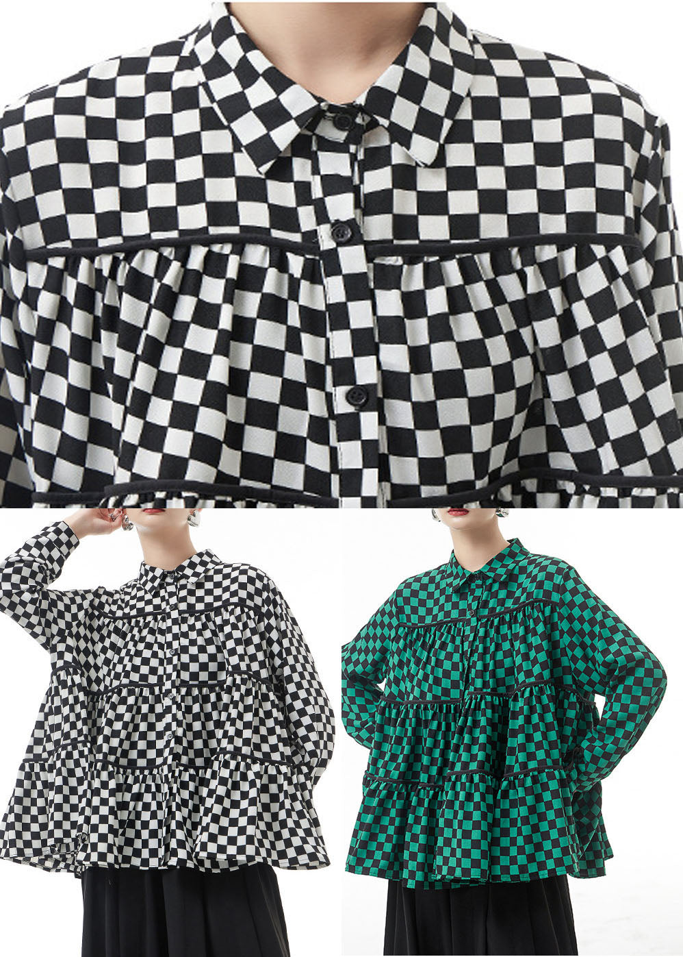 Grün Plaid Chiffon hemd Tops Patchwork faltig Frühling