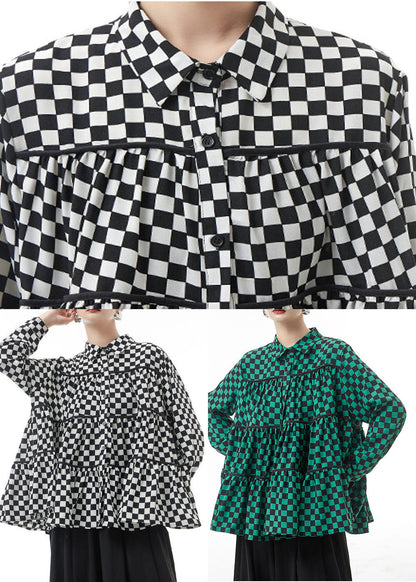 Grün Plaid Chiffon hemd Tops Patchwork faltig Frühling