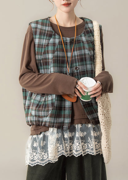 Chaleco de algodón a cuadros verdes con cuello en U para primavera