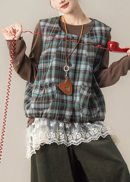 Chaleco de algodón a cuadros verdes con cuello en U para primavera