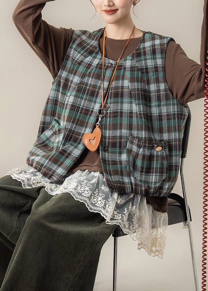 Chaleco de algodón a cuadros verdes con cuello en U para primavera