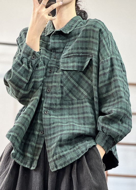 Grüne karierte Leinenbluse Top Peter Pan Kragen Herbst
