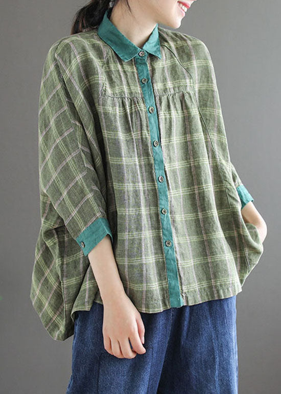 Grünes kariertes Patchwork-Shirt Tops Dreiviertelärmel