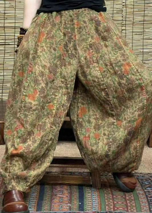 Pantalones de lino con bolsillos verdes y patchwork, cintura elástica, para verano.