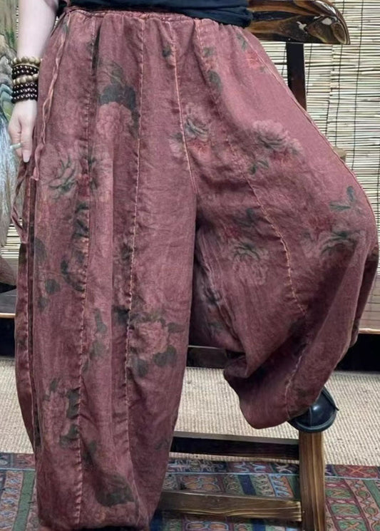 Pantalones de lino con bolsillos verdes y patchwork, cintura elástica, para verano.