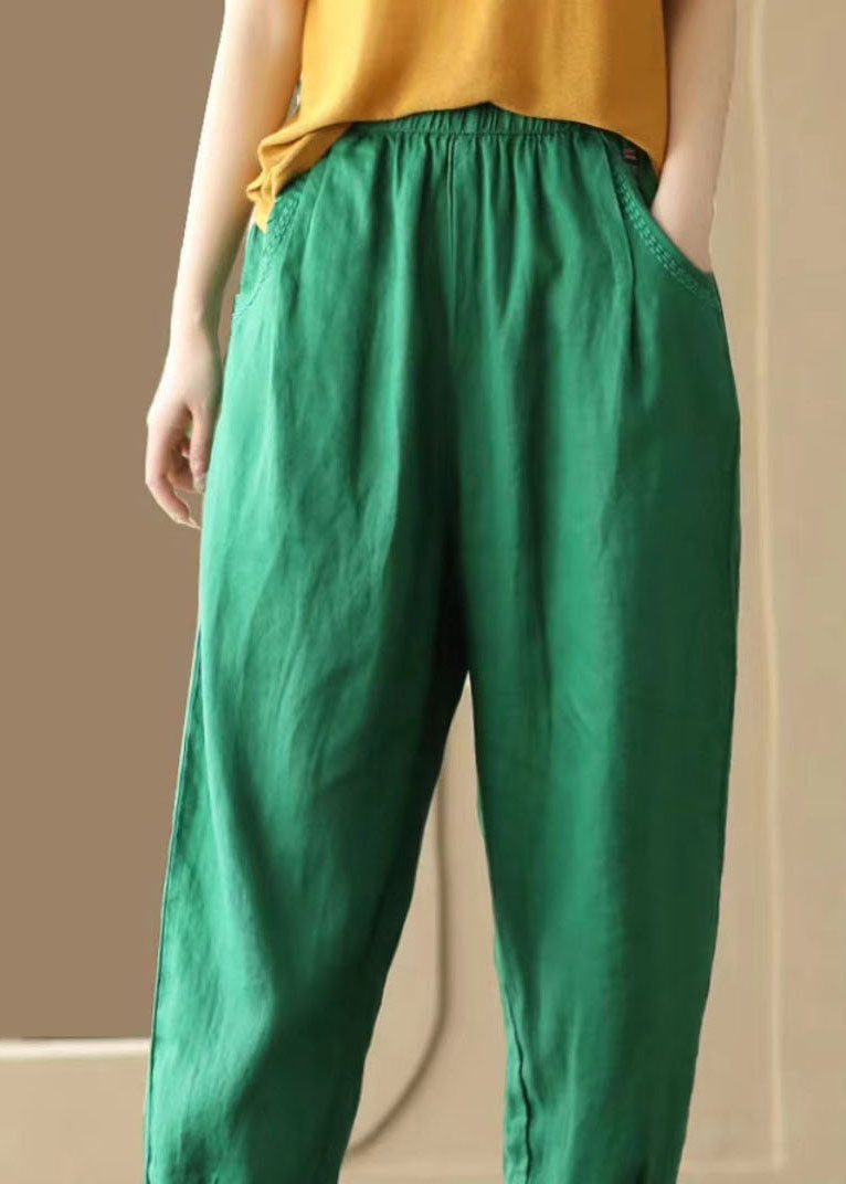 Pantalones de lino con bolsillos verdes y patchwork, cintura elástica, verano