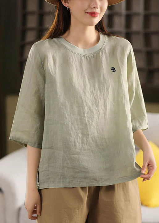 Green Print Cozy Linen Half Sleeve T Shirt O Neck