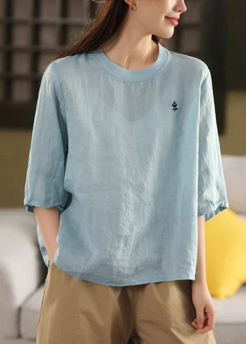 Green Print Cozy Linen Half Sleeve T Shirt O Neck