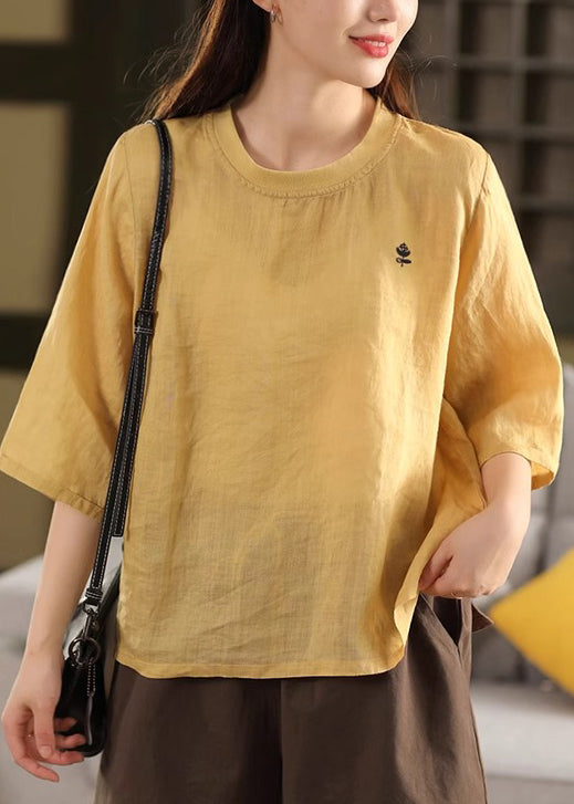 Green Print Cozy Linen Half Sleeve T Shirt O Neck