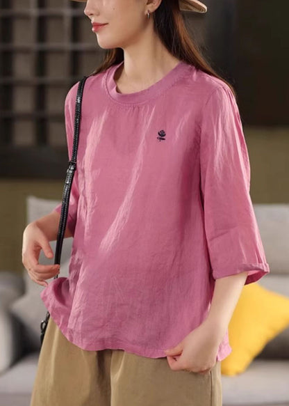 Green Print Cozy Linen Half Sleeve T Shirt O Neck