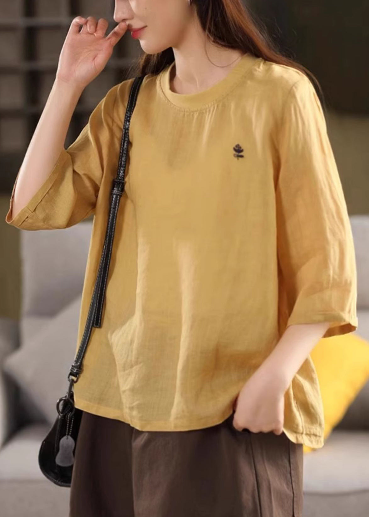 Green Print Cozy Linen Half Sleeve T Shirt O Neck