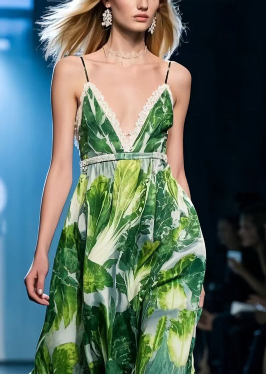 Green Print Draping Chiffon Mini Dress Exra Large Hem Summer