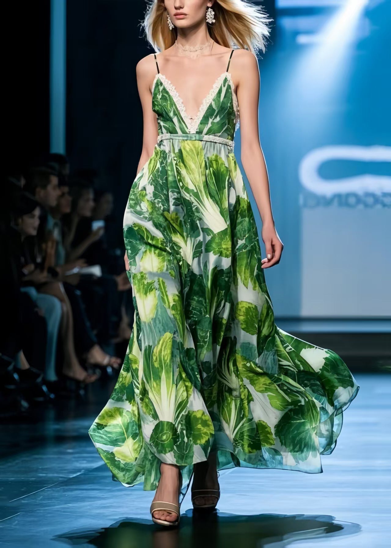 Green Print Draping Chiffon Mini Dress Exra Large Hem Summer