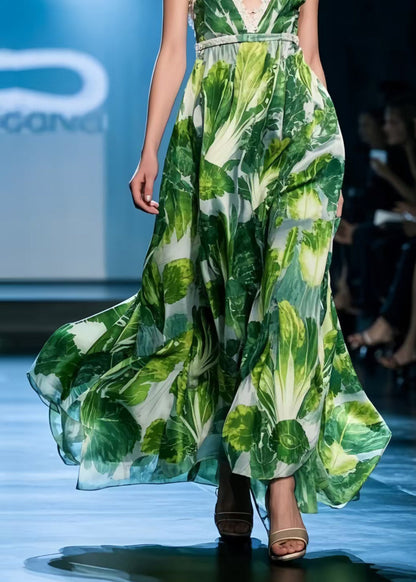 Green Print Draping Chiffon Mini Dress Exra Large Hem Summer