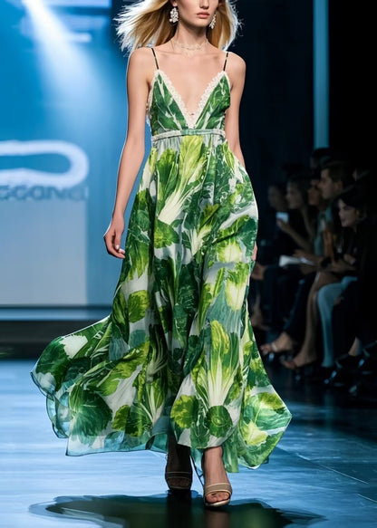 Green Print Draping Chiffon Mini Dress Exra Large Hem Summer