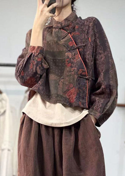 Grünes Leinenblusen-Top mit Mandarin-Kragen und orientalischem Knopf