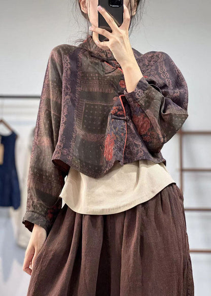 Grünes Leinenblusen-Top mit Mandarin-Kragen und orientalischem Knopf