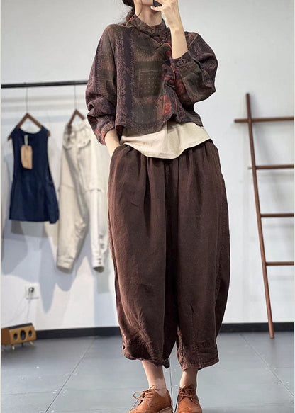 Grünes Leinenblusen-Top mit Mandarin-Kragen und orientalischem Knopf