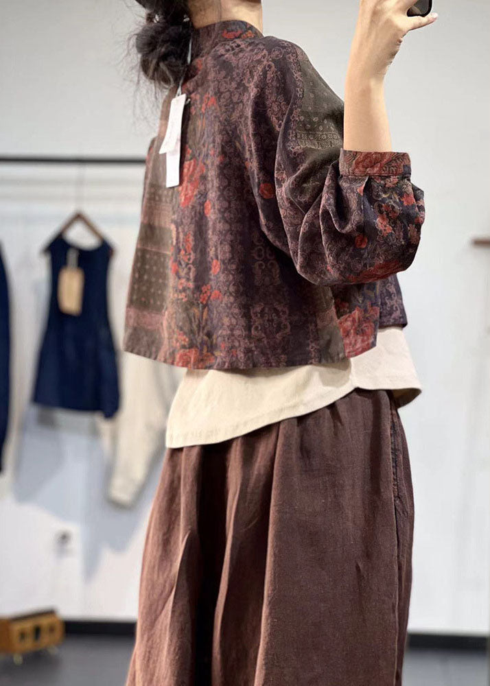 Grünes Leinenblusen-Top mit Mandarin-Kragen und orientalischem Knopf