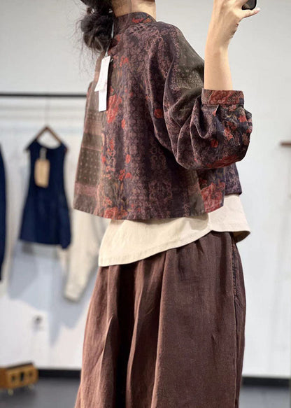 Grünes Leinenblusen-Top mit Mandarin-Kragen und orientalischem Knopf