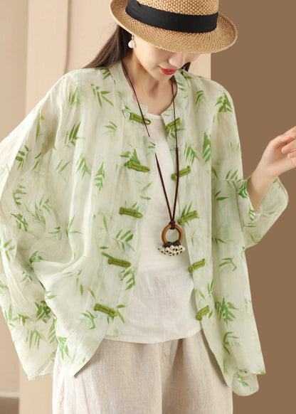 Green Print Linen Chinese Button Blouses Oversized Summer
