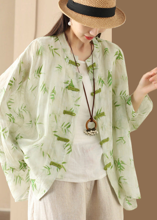 Green Print Linen Chinese Button Blouses Oversized Summer