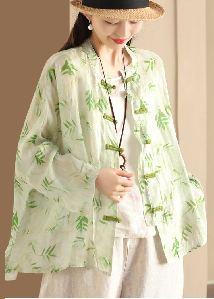 Green Print Linen Chinese Button Blouses Oversized Summer