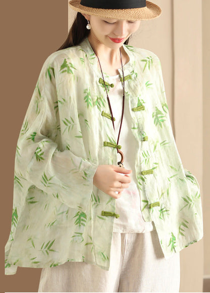 Green Print Linen Chinese Button Blouses Oversized Summer