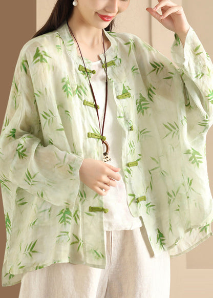 Green Print Linen Chinese Button Blouses Oversized Summer