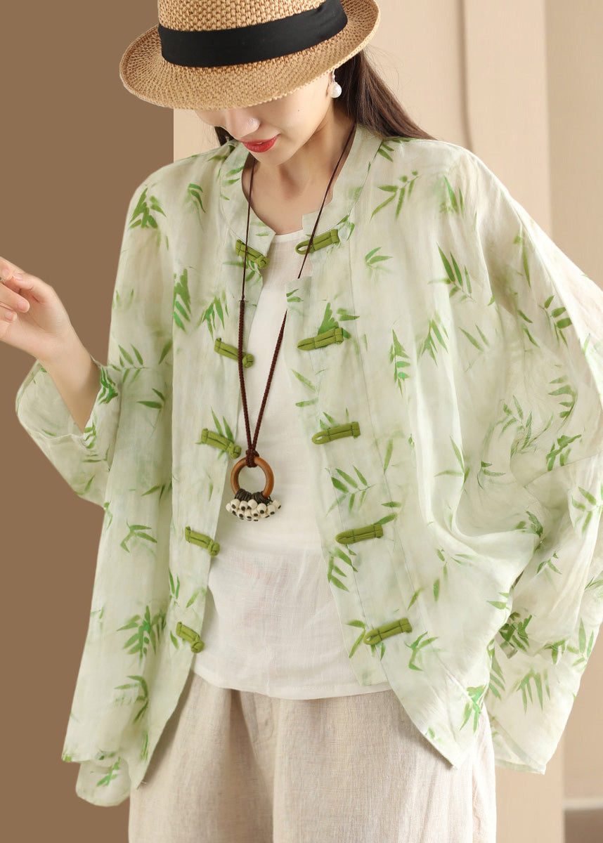 Green Print Linen Chinese Button Blouses Oversized Summer