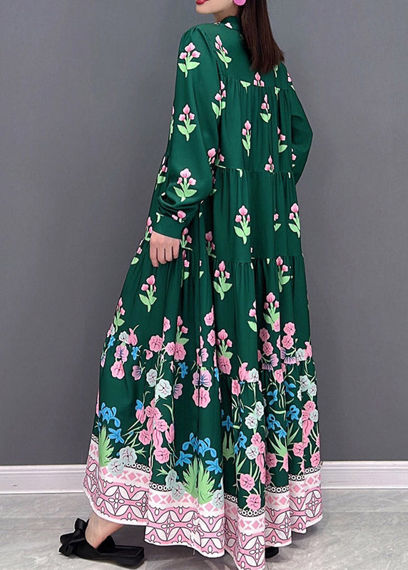 Grün Print Lange Strandkleider zerknittert Langarm