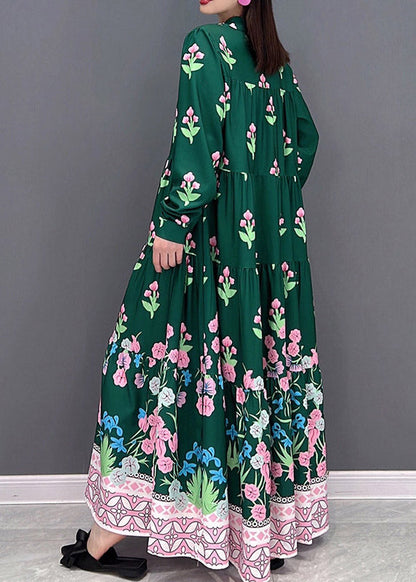 Grün Print Lange Strandkleider zerknittert Langarm