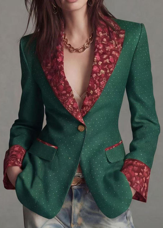 Green Print Patchwork Cotton Blazer Jackets Coat Peter Pan Collar Fall